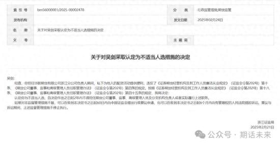 2025年2月24日浙江证监局披露某期货公司分公司负责人非法配资监管措施