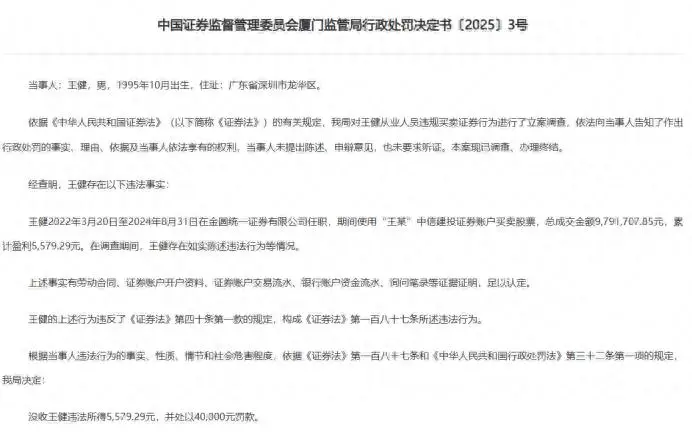厦门证监局连发三张处罚决定书，直指券商人员违规买卖证券